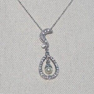 Silver Pendant Necklace W/ Teardrop Design & Faux Pearl Accent Rhinestone Detail